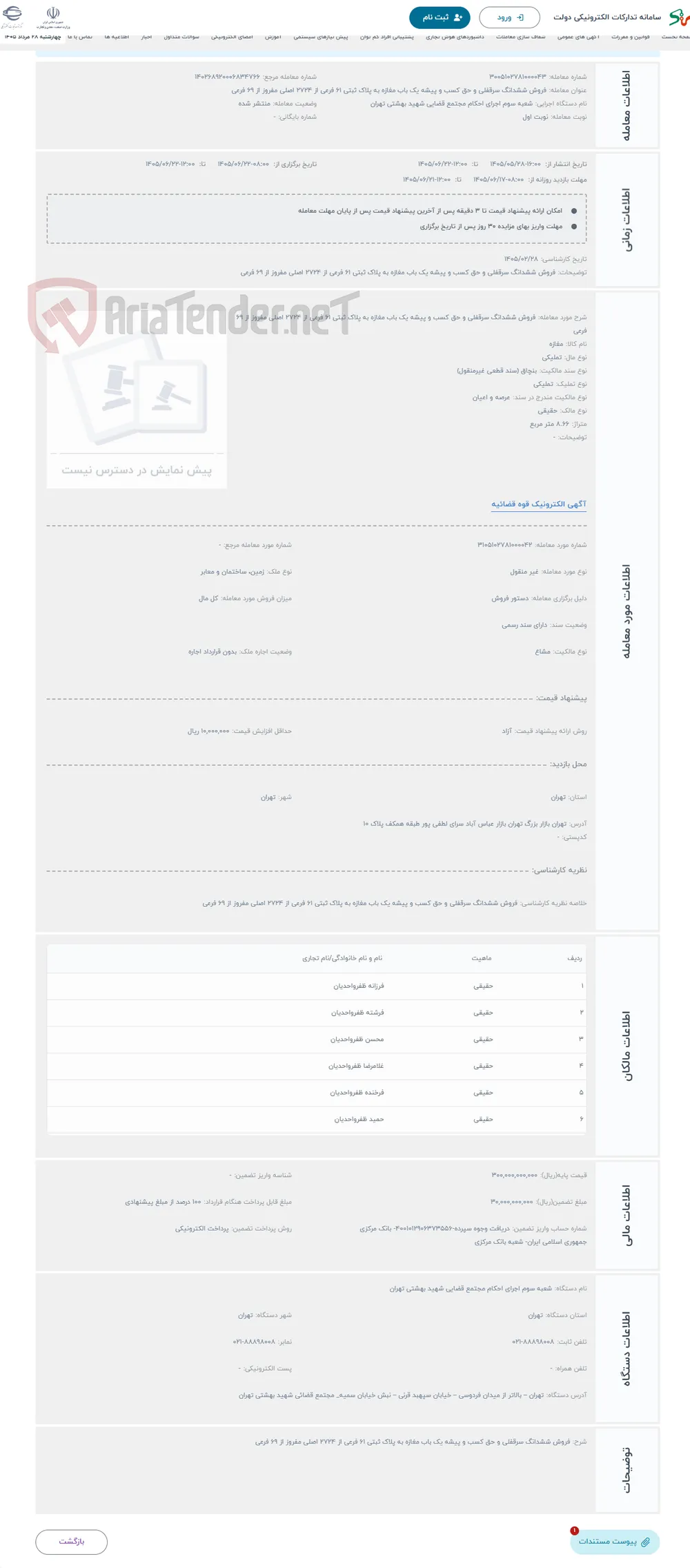 حراج فروش ششدانگ سرقفلی و حق کسب و پیشه یک باب مغازه به پلاک ثبتی 61 فرعی از 2724 اصلی مفروز از 69 فرعی