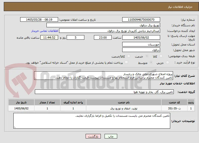 پروژه اصلاح شهری-علی مالک و رخسار
تامین کنندگان محترم براساس فرم استعلام بها و مستندات پیوست قیمت گذاری را انجام دهند.