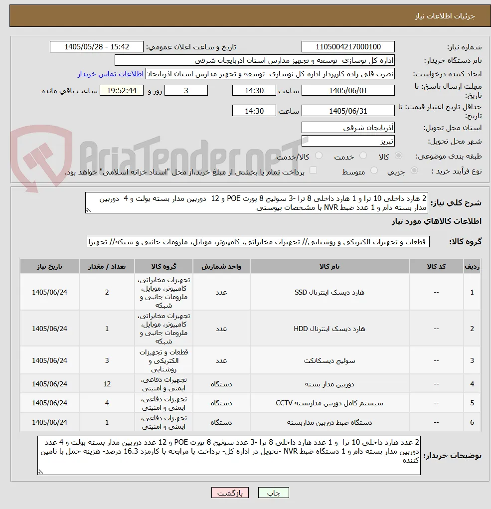 2 هارد داخلی 10 ترا و 1 هارد داخلی 8 ترا -3 سوئیچ 8 پورت POE و 12  دوربین مدار بسته بولت و 4  دوربین مدار بسته دام و 1 عدد ضبط NVR با مشخصات پیوستی
