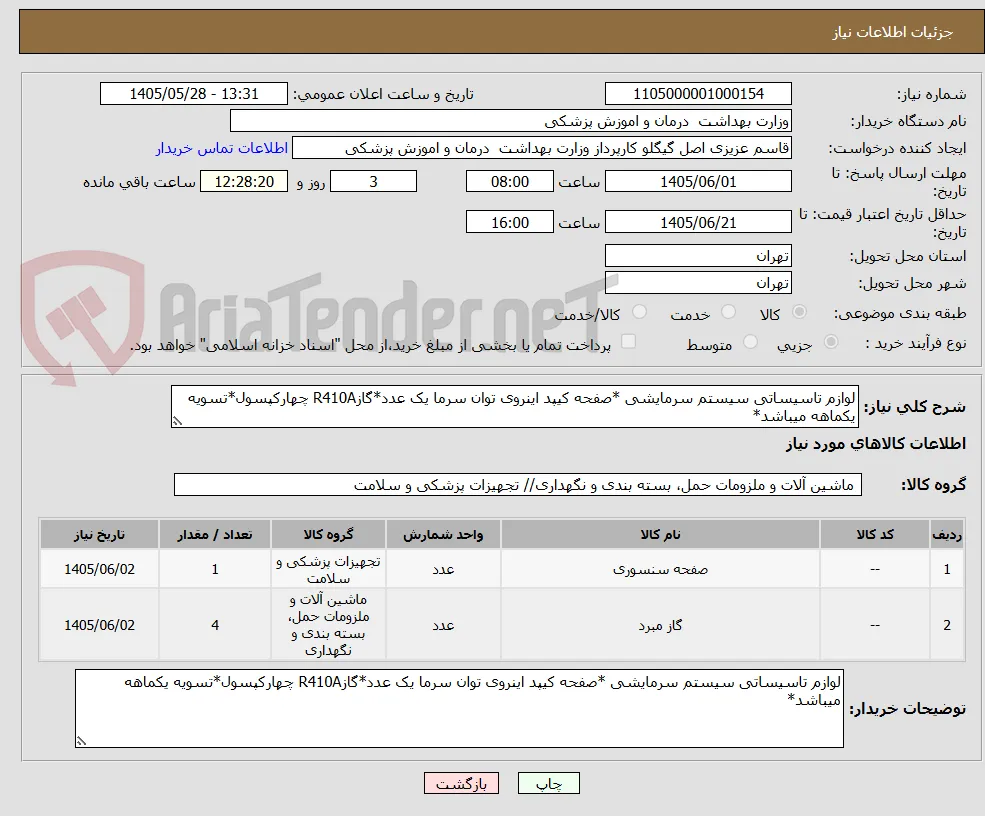 لوازم تاسیساتی سیستم سرمایشی *صفحه کیپد اینروی توان سرما یک عدد*گازR410A چهارکپسول*تسویه یکماهه میباشد*