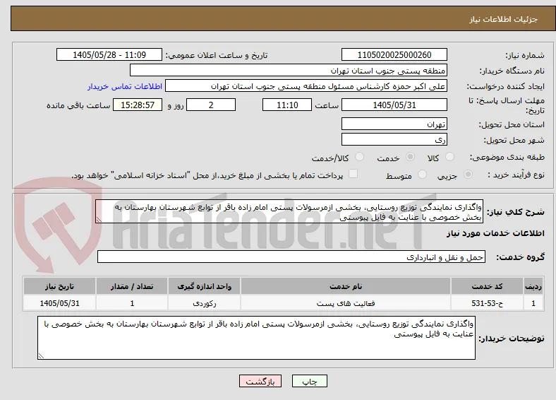 واگذاری نمایندگی توزیع روستایی، بخشی ازمرسولات پستی امام زاده باقر از توابع شهرستان بهارستان به بخش خصوصی با عنایت به فایل پیوستی