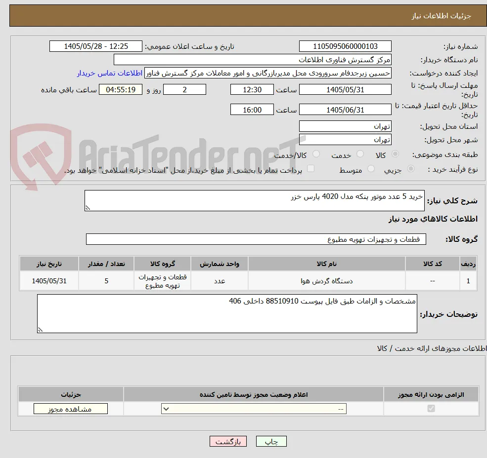 خرید 5 عدد موتور پنکه مدل 4020 پارس خزر 