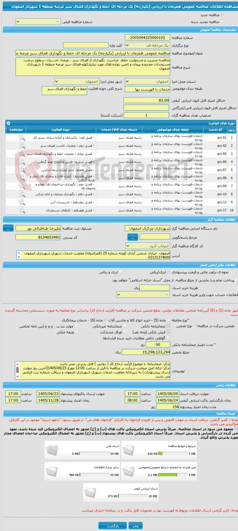 مناقصه عمومی همزمان با ارزیابی (یکپارچه) یک مرحله ای حفظ و نگهداری فضای سبز عرصه منطقه 1 شهردار اصفهان
