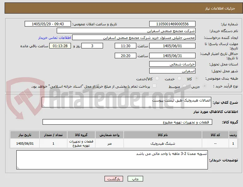 اتصالات هیدرولیک طبق لیست پیوست