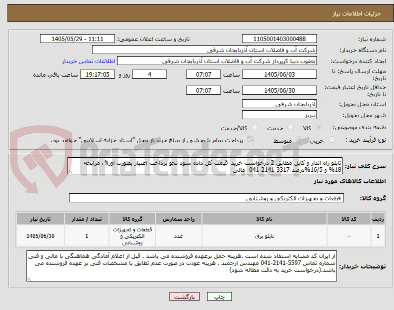 تابلو راه انداز و کابل-مطابق 2 درخواست خرید–قیمت کل داده شود-نحو پرداخت اعتبار بصورت اوراق مرابحه  18% و 16/5%درصد-3317-2141-041 -مالی