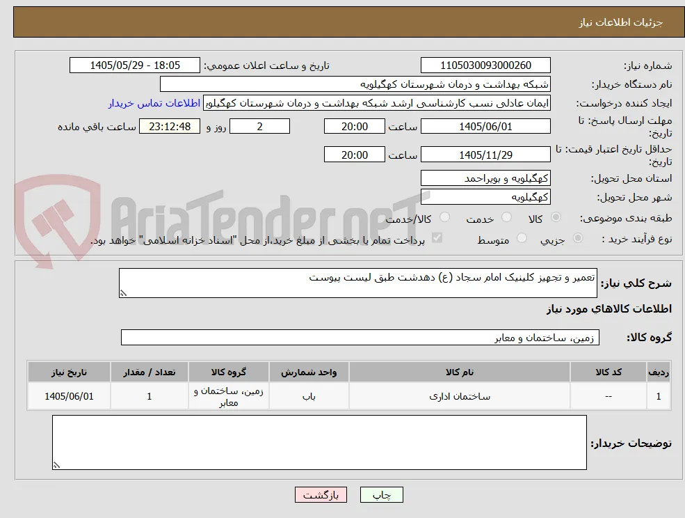 تعمیر و تجهیز کلینیک امام سجاد (ع) دهدشت طبق لیست پیوست 