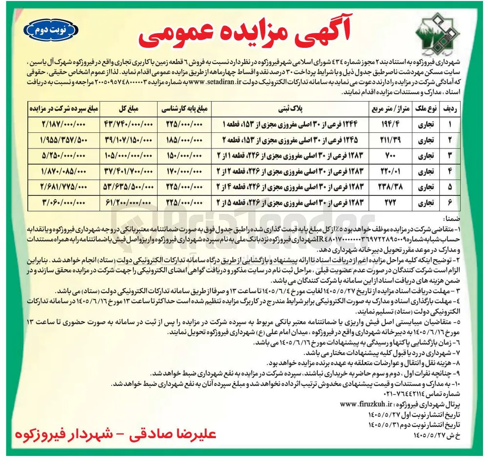 فروش ۶ قطعه زمین با کاربری تجاری