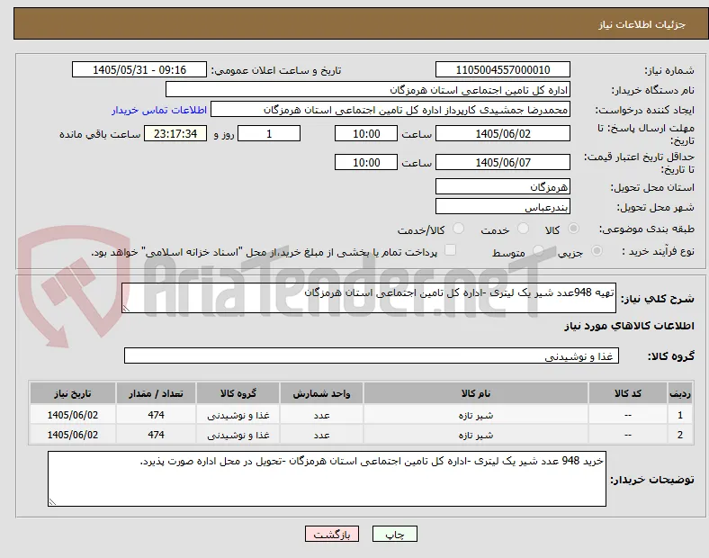 تهیه 948عدد شیر یک لیتری -اداره کل تامین اجتماعی استان هرمزگان