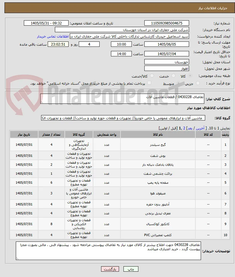 تقاضای 0430228 / قطعات ماشین آلات