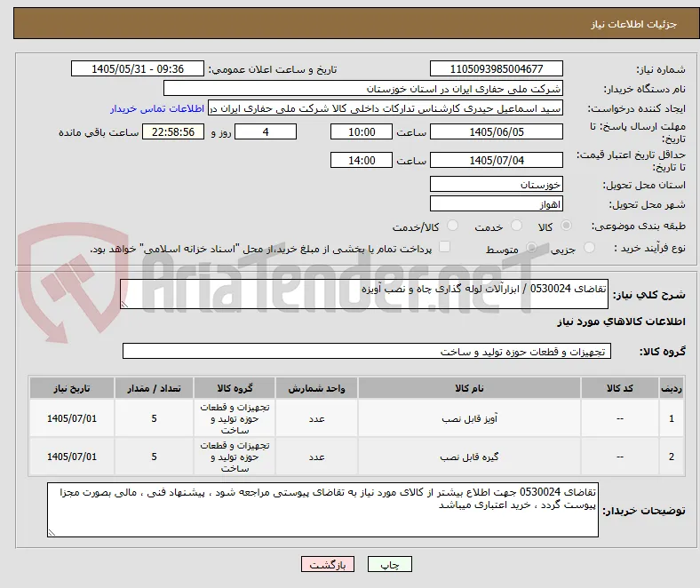 تقاضای 0530024 / ابزارآلات لوله گذاری چاه و نصب آویزه