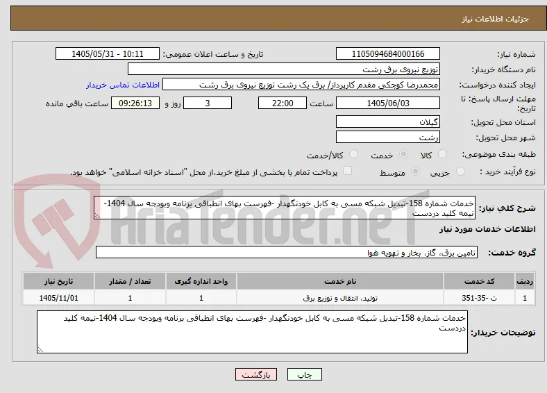 خدمات شماره 158-تبدیل شبکه مسی به کابل خودنگهدار -فهرست بهای انطباقی برنامه وبودجه سال 1404-نیمه کلید دردست 