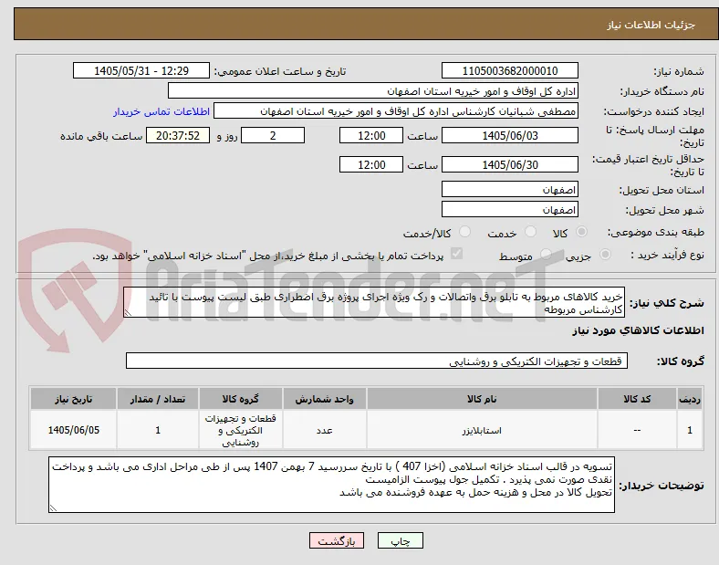 خرید کالاهای مربوط به تابلو برق واتصالات و رک ویژه اجرای پروژه برق اضطراری طبق لیست پیوست با تائید کارشناس مربوطه