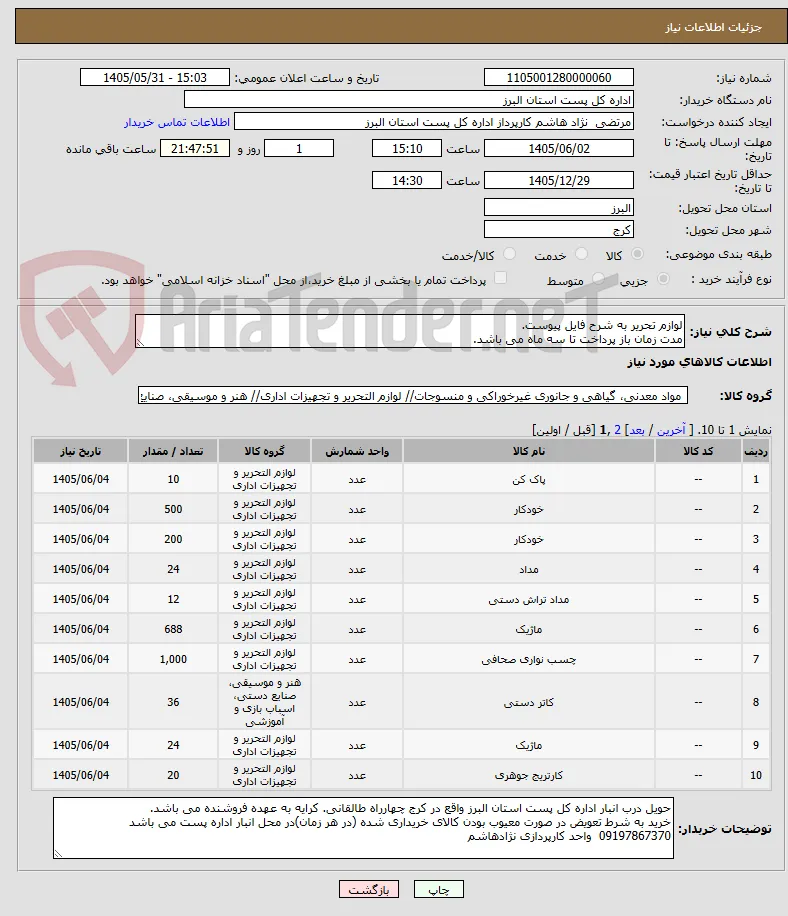 لوازم تحریر به شرح فایل پیوست.
مدت زمان باز پرداخت تا سه ماه می باشد.