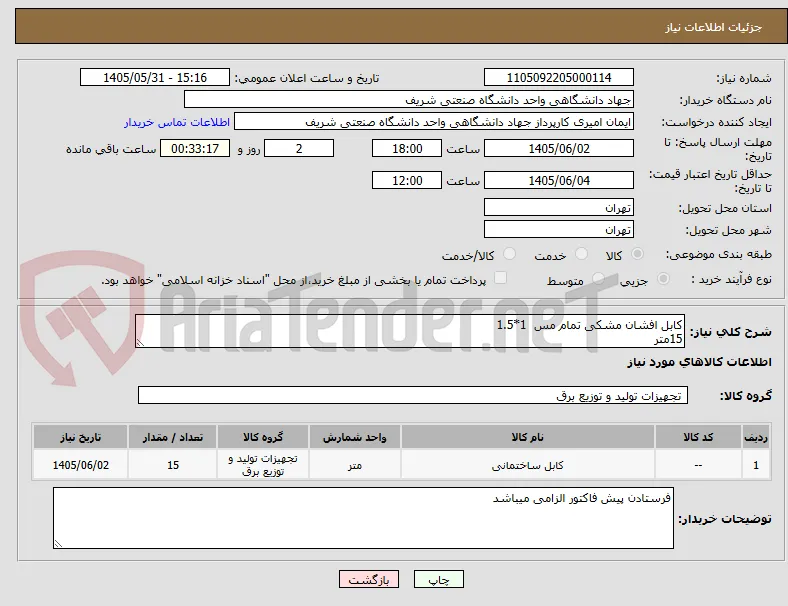 کابل افشان مشکی تمام مس  1*1.5 
15متر