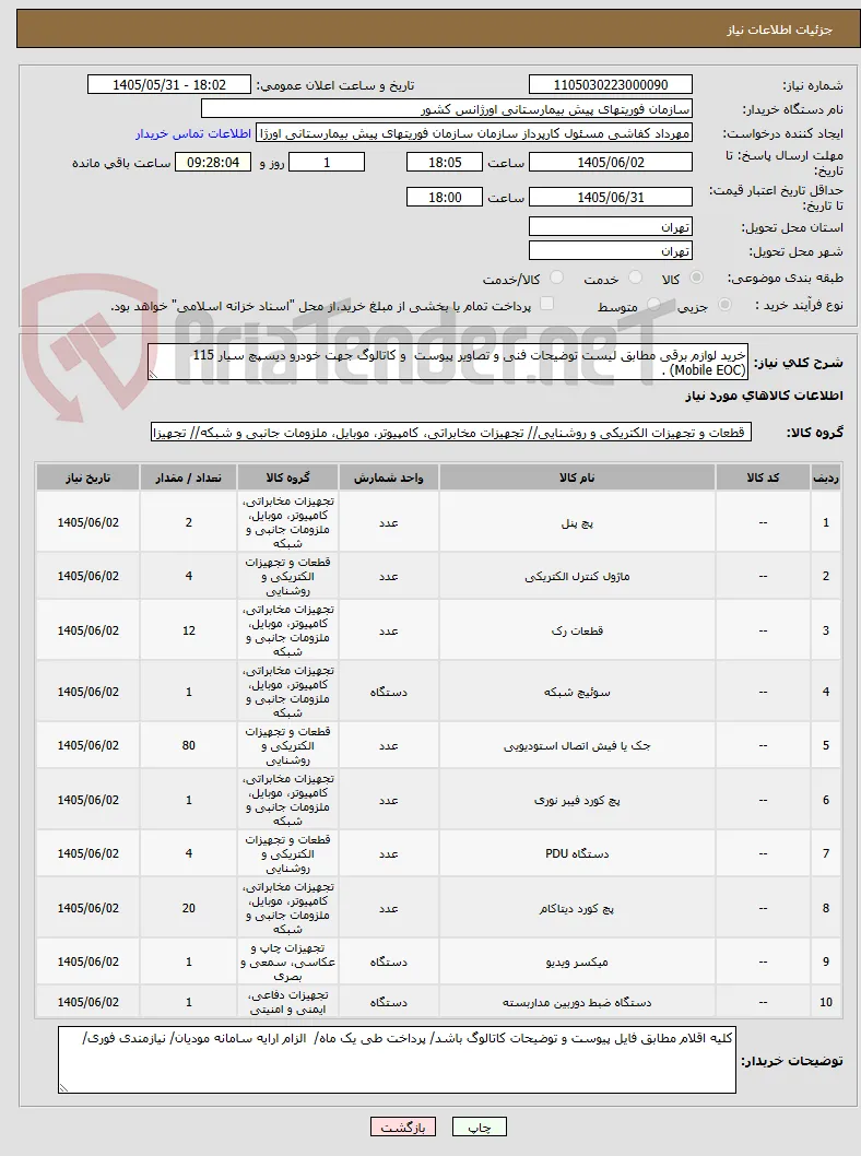 خرید لوازم برقی مطابق لیست توضیحات فنی و تصاویر پیوست  و کاتالوگ جهت خودرو دیسپچ سیار 115 (Mobile EOC) . 