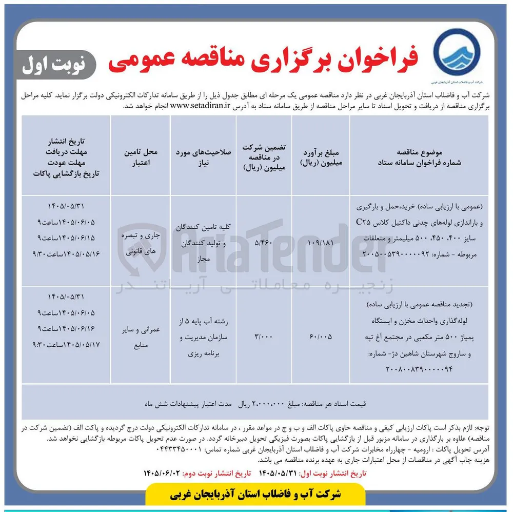 لوله گذاری و احداث مخزن و ایستگاه پمپاژ ۵۰۰ متر مکعبی در مجتمع آغ تپه و ساروج شهرستان شاهین دژ