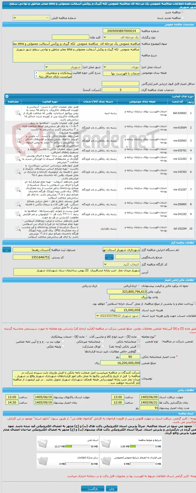 مناقصه عمومی یک مرحله ای  مناقصه عمومی  لکه گیری و روکش آسفالت معمولی و sma معابر مناطق و نواحی سطح شهر شهریار