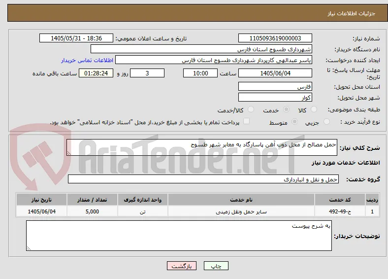 حمل مصالح از محل ذوب آهن پاسارگاد به معابر شهر طسوج