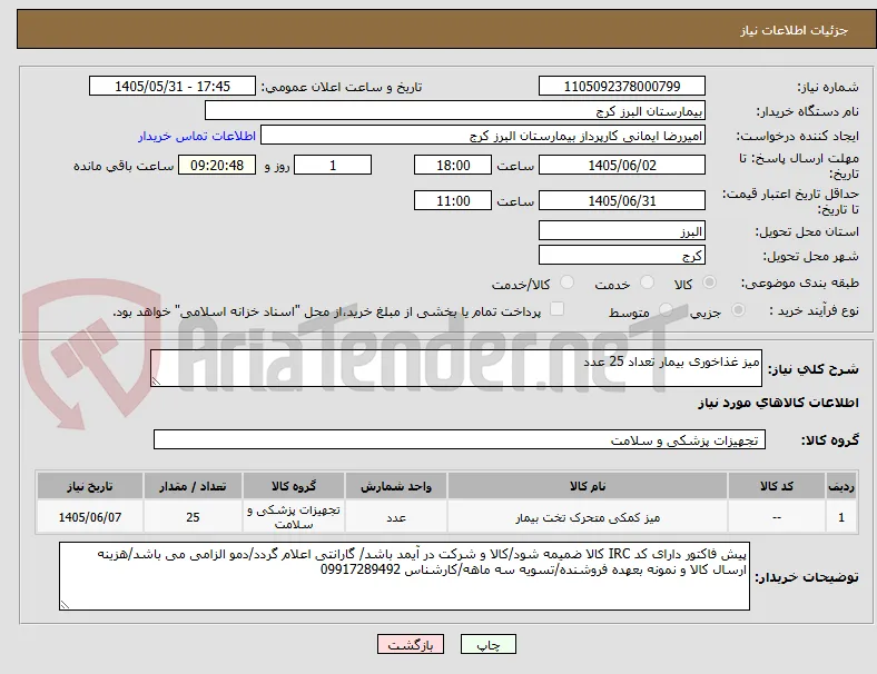 میز غذاخوری بیمار تعداد 25 عدد
