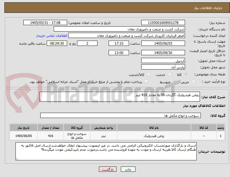 روغن هیدرولیک گگردان 56 به مقدار 416 لیتر