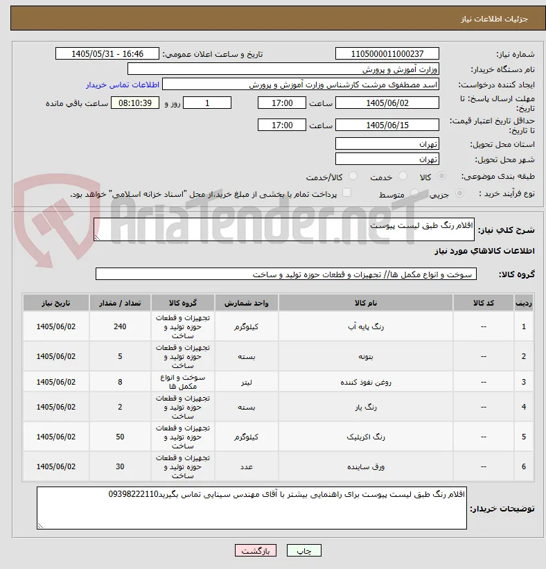 اقلام رنگ طبق لیست پیوست