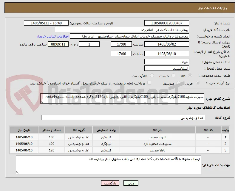 سبزی شوید100کیلوگرم،سبزی پلویی100کیلوگرم،باقالی پولویی تازه120کیلوگرم،منجمد باشند.تسویه4ماهه.