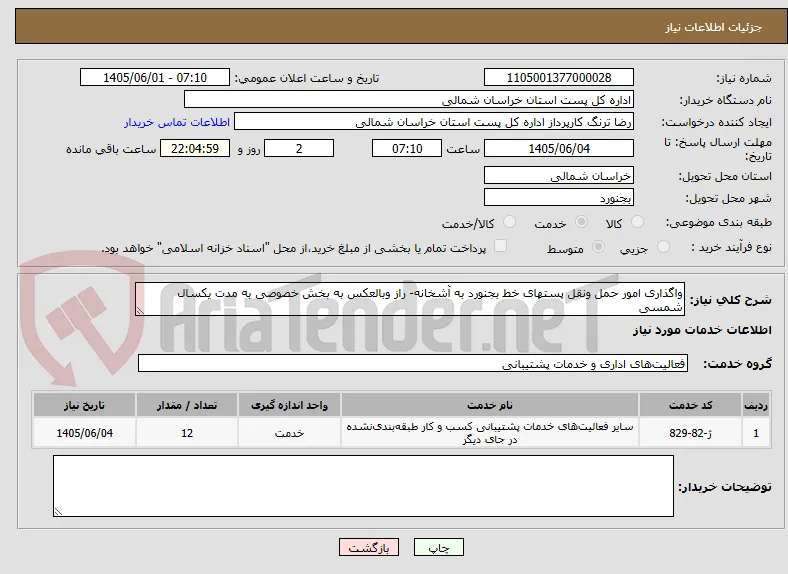 واگذاری امور حمل ونقل پستهای خط بجنورد به آشخانه- راز وبالعکس به بخش خصوصی به مدت یکسال شمسی