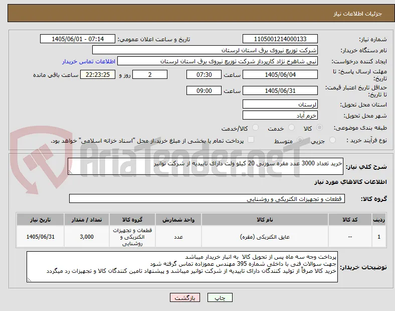 خرید تعداد 3000 عدد مقره سوزنی 20 کیلو ولت دارای تاییدیه از شرکت توانیر
