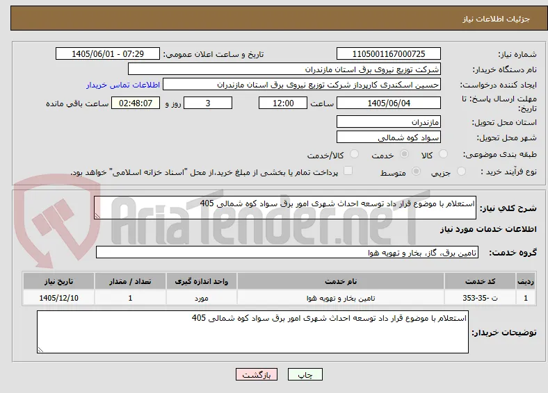 استعلام با موضوع قرار داد توسعه احداث شهری امور برق سواد کوه شمالی 405
