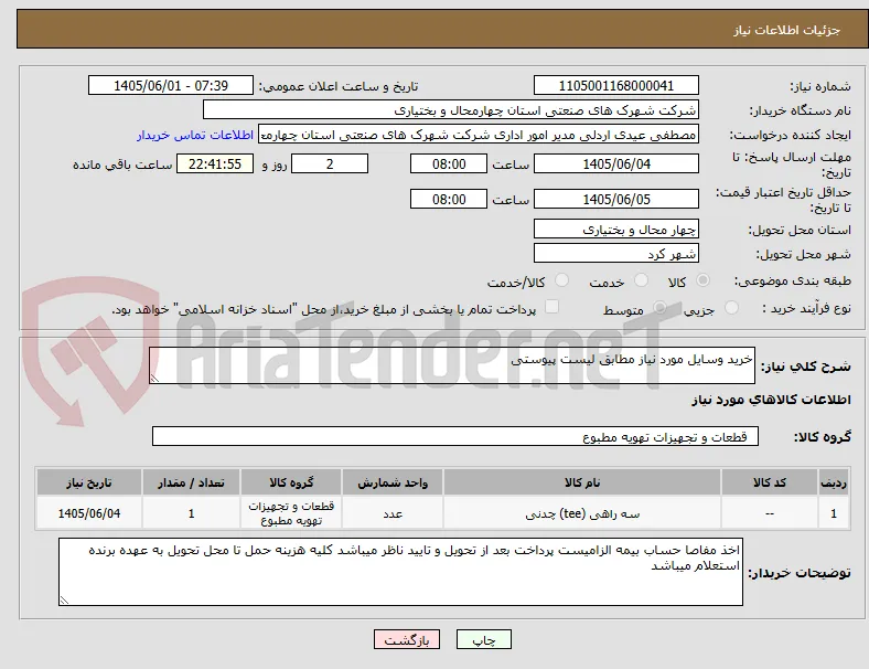 خرید وسایل مورد نیاز مطابق لیست پیوستی 