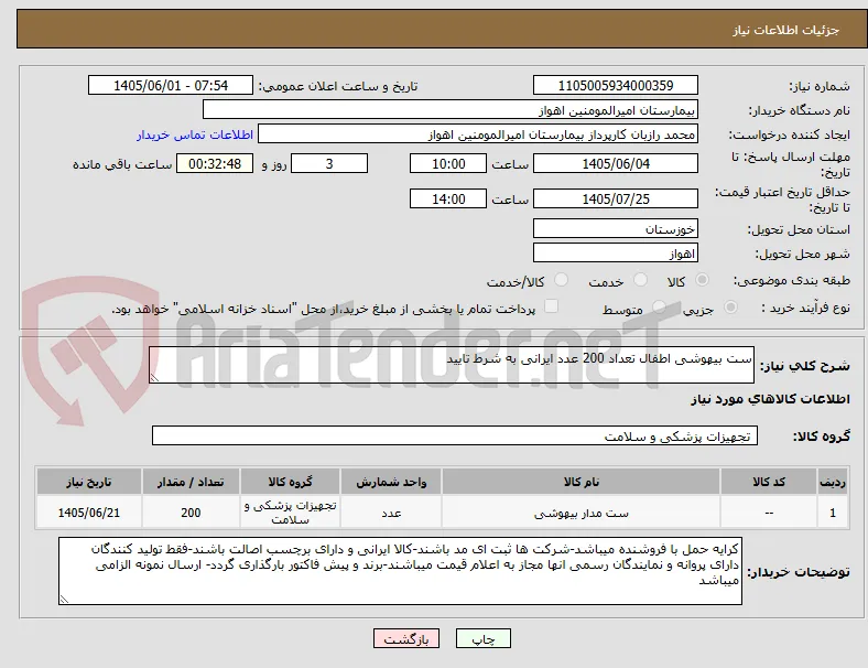 ست بیهوشی اطفال تعداد 200 عدد ایرانی به شرط تایید