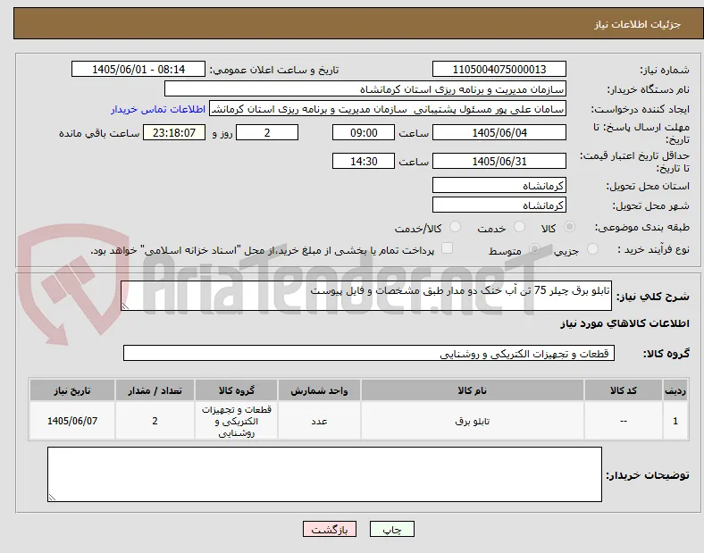 تابلو برق چیلر 75 تن آب خنک دو مدار طبق مشخصات و فایل پیوست 