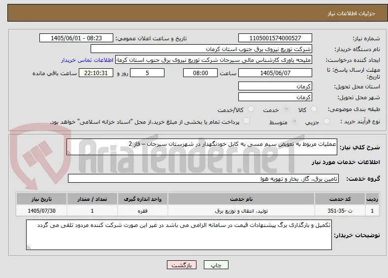 عملیات مربوط به تعویض سیم مسی به کابل خودنگهدار در شهرستان سیرجان – فاز 2