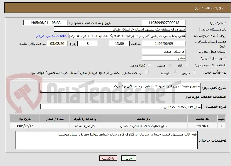 تعمیر و مرمت جویچه و کانیوهای معابر مجد صادقی و هجرت