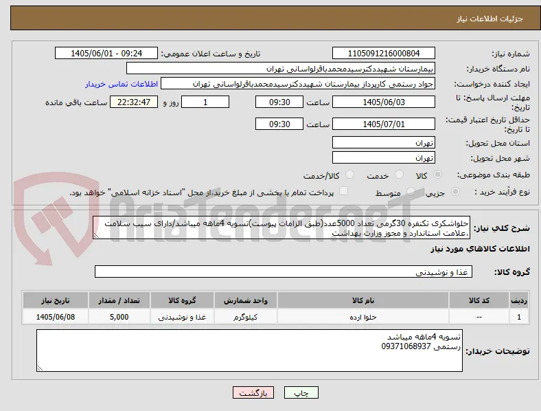 حلواشکری تکنفره 30گرمی تعداد 5000عدد(طبق الزامات پیوست)تسویه 4ماهه میباشد/دارای سیب سلامت ،علامت استاندارد و مجوز وزارت بهداشت