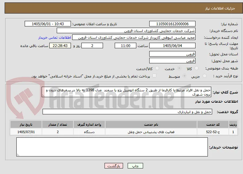حمل و نقل افراد مرتبط با کارفرما از طریق 2 ستگاه اتومبیل پژو یا سمند  مدل 1398 به بالا در سفرهای درون و برون شهری