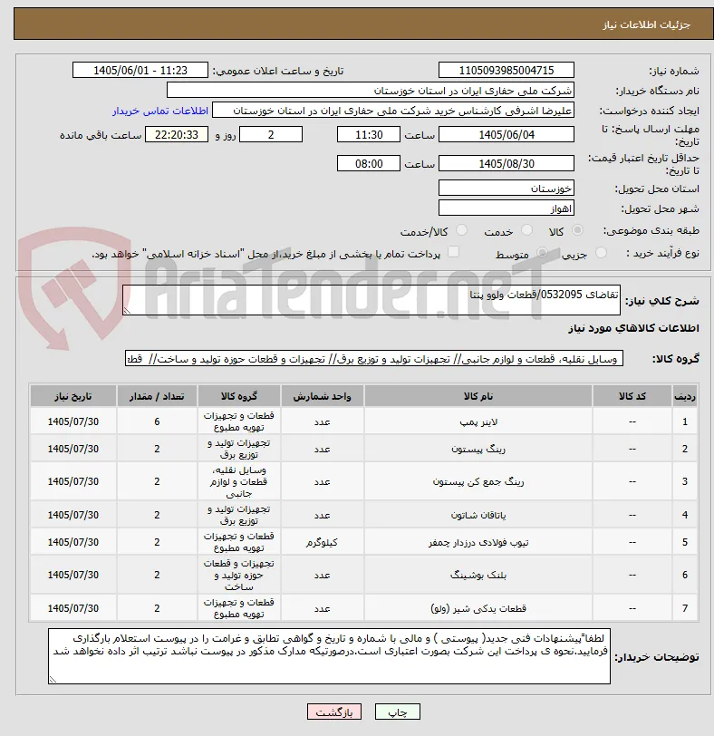 تقاضای 0532095/قطعات ولوو پنتا