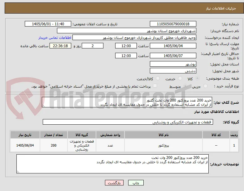 خرید 200 عدد پروژکتور 200 وات تخت گلنور
از ایران کد مشابه استفاده گردد تا خللی در جدول مقایسه ای ایجاد نگردد