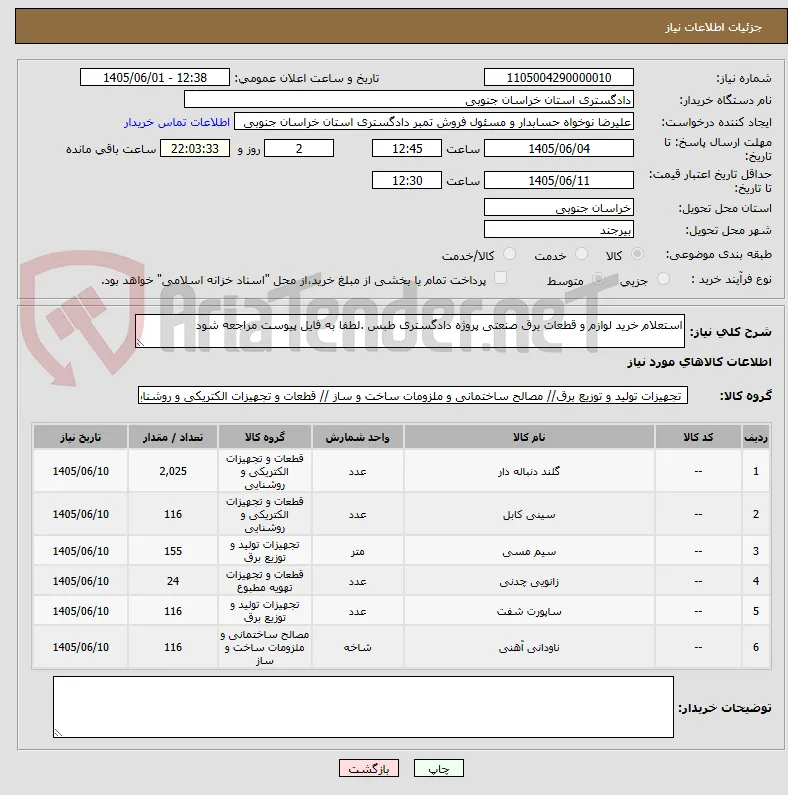 استعلام خرید لوازم و قطعات برق صنعتی پروژه دادگستری طبس .لطفا به فایل پیوست مراجعه شود