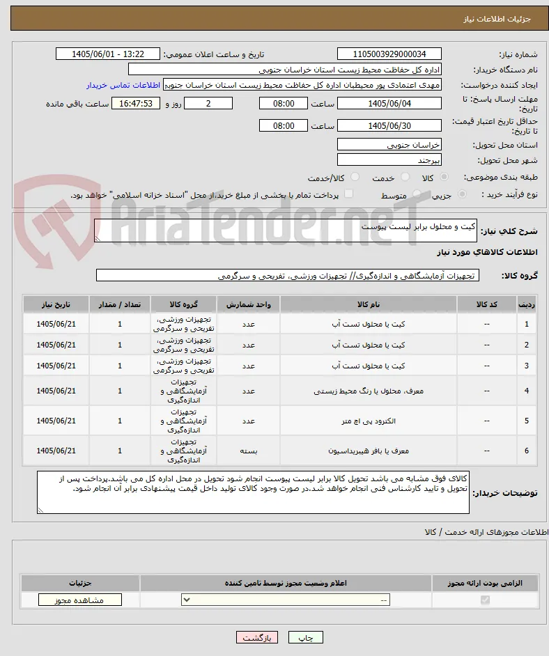 کیت و محلول برابر لیست پیوست 