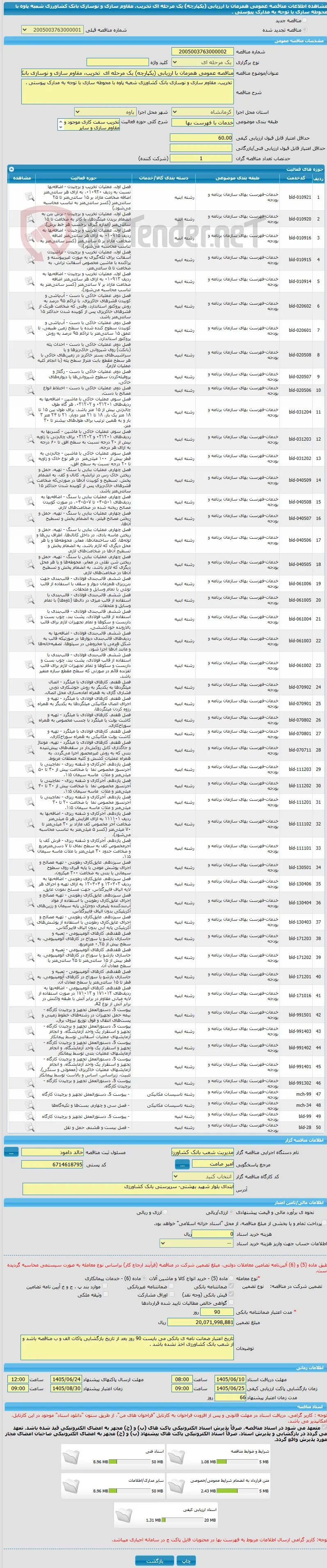 مناقصه عمومی همزمان با ارزیابی (یکپارچه) یک مرحله ای  تخریب، مقاوم سازی و نوسازی بانک کشاورزی شعبه پاوه با محوطه سازی با توجه به مدارک پیوستی . 
