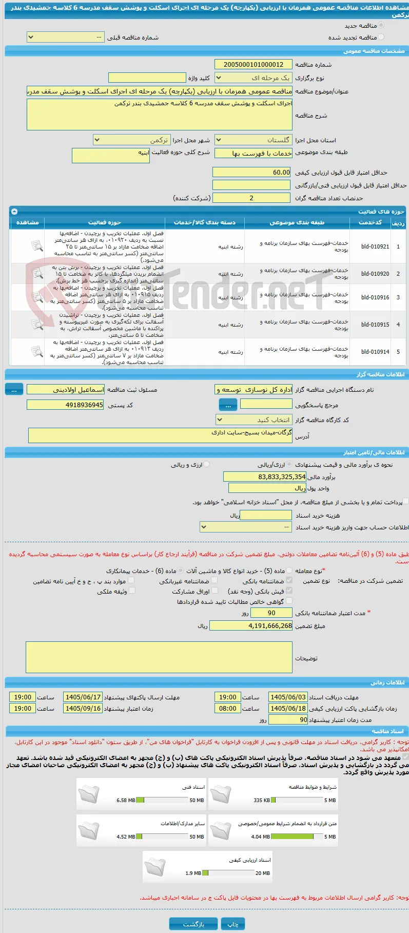 مناقصه عمومی همزمان با ارزیابی (یکپارچه) یک مرحله ای اجرای اسکلت و پوشش سقف مدرسه 6 کلاسه جمشیدی بندر ترکمن 