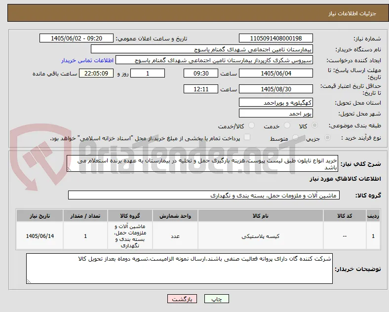 خرید انواع نایلون طبق لیست پیوست،هزینه بارگیری حمل و تخلیه در بیمارستان به عهده برنده استعلام می باشد