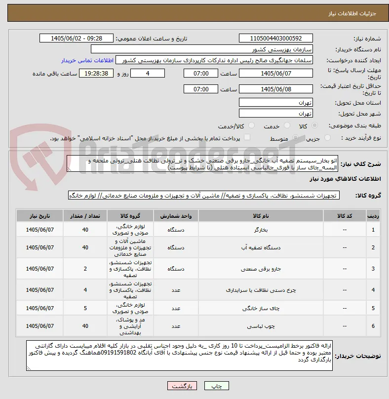 اتو بخار_سیستم تصفیه آب خانگی_جارو برقی صنعتی خشک و تر_ترولی نظافت هتلی_ترولی ملحفه و البسه_چای ساز با قوری_جالباسی ایستاده هتلی (با شرایط پیوست)