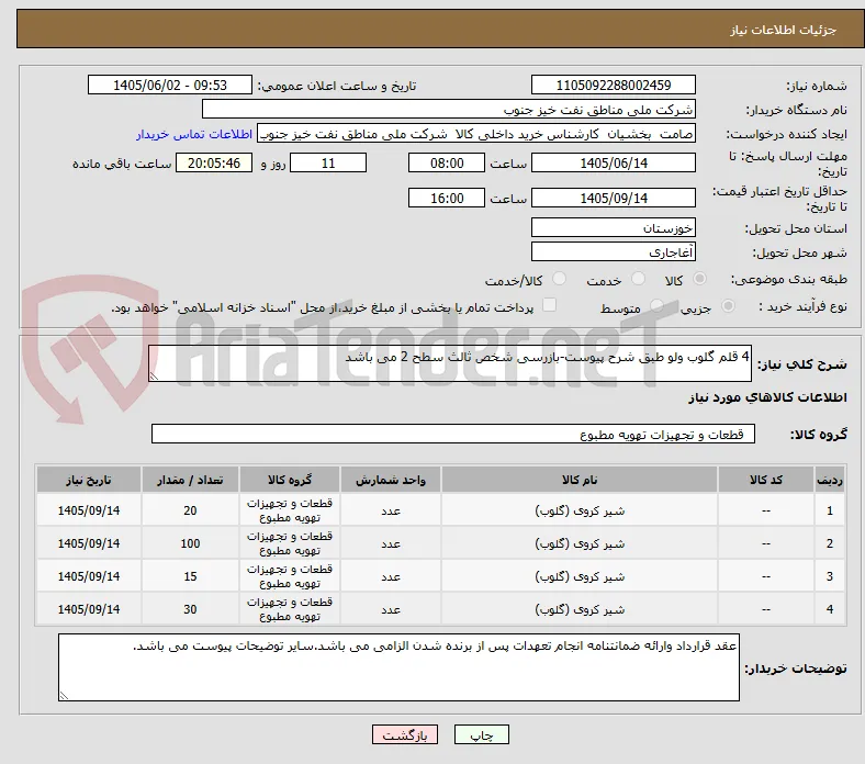 4 قلم گلوب ولو طبق شرح پیوست-بازرسی شخص ثالث سطح 2 می باشد