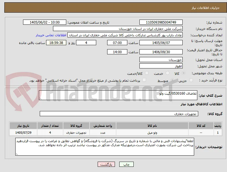 تقاضای 0530160/گیت ولو