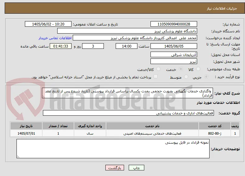  واگذاری خدمات نگهبانی بصورت حجمی بمدت یکسال براساس قرارداد پیوستی (تاریخ شروع پس از تاریخ عقد قراداد)