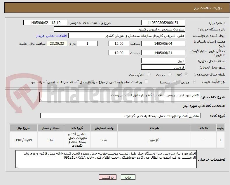 اقلام مورد نیاز سرویس سه دستگاه چیلر طبق لیست پیوست