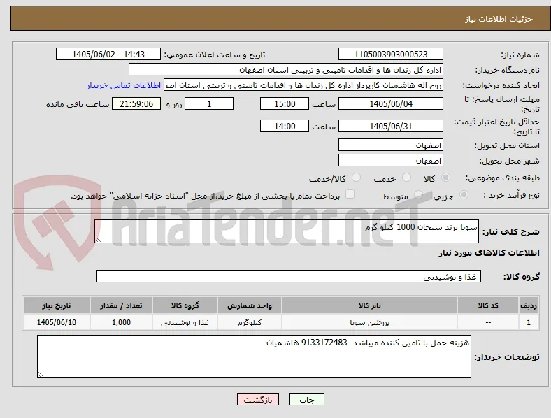 سویا برند سبحان 1000 کیلو گرم