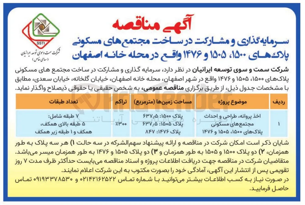 سرمایه گذاری و مشارکت در ساخت مجتمع های مسکونی پلاک های ۱۵۰۰، ۱۵۰۵ و ۱۴۷۶ واقع در محله خانه اصفهان